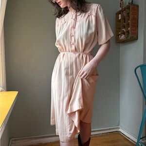 Vintage 40s Rayon Day Dress | Antique Pink Midi Dress | Novelty Buttons | M